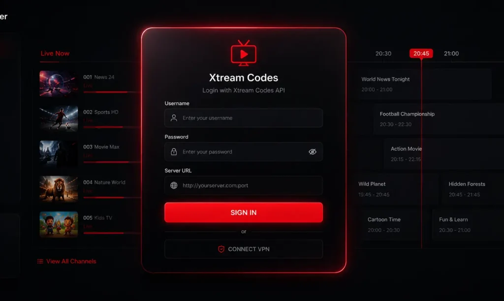 Xtream Codes API login i IPTV Smarters Pro