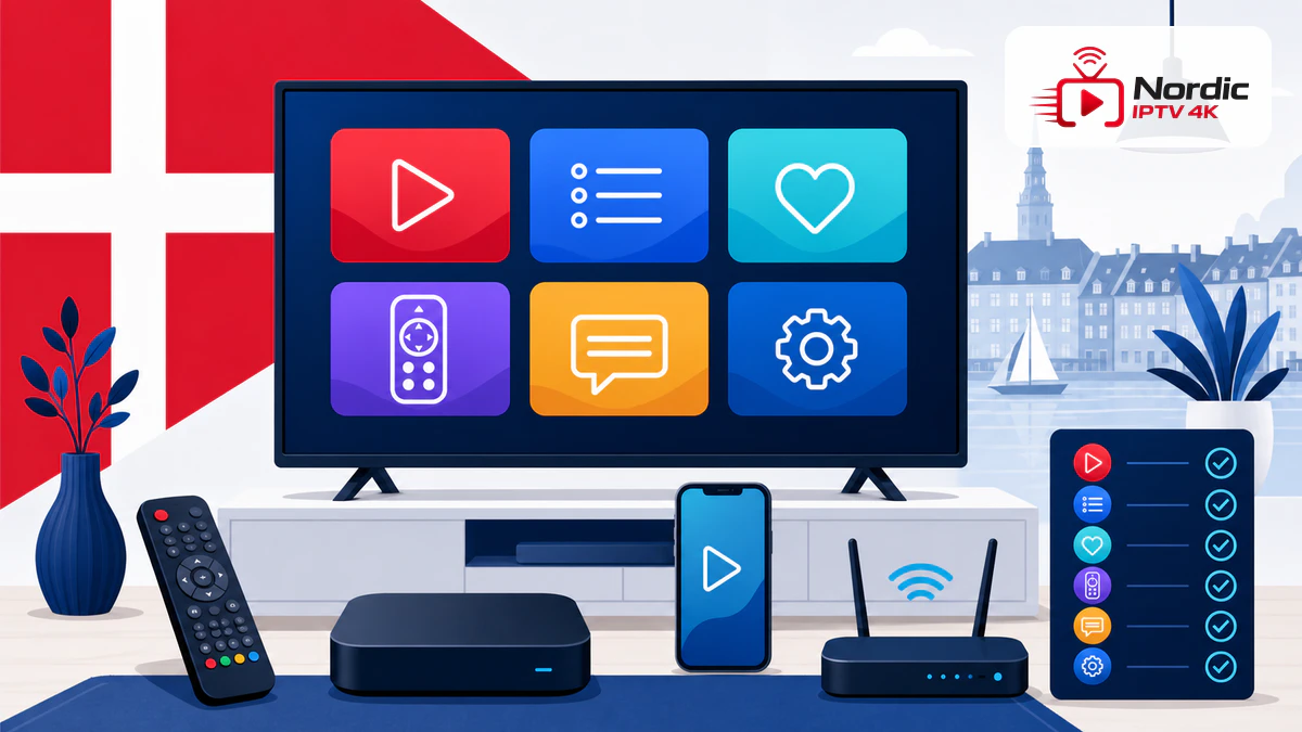 Bedste IPTV app med seks generiske afspillerfelter på tv, fjernbetjening, telefon, router og Nordic IPTV 4K logo