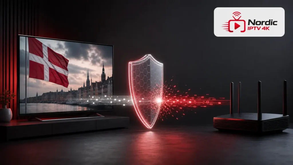 iptv blokering danmark med digitalt skjold og IPTV Nordic logo