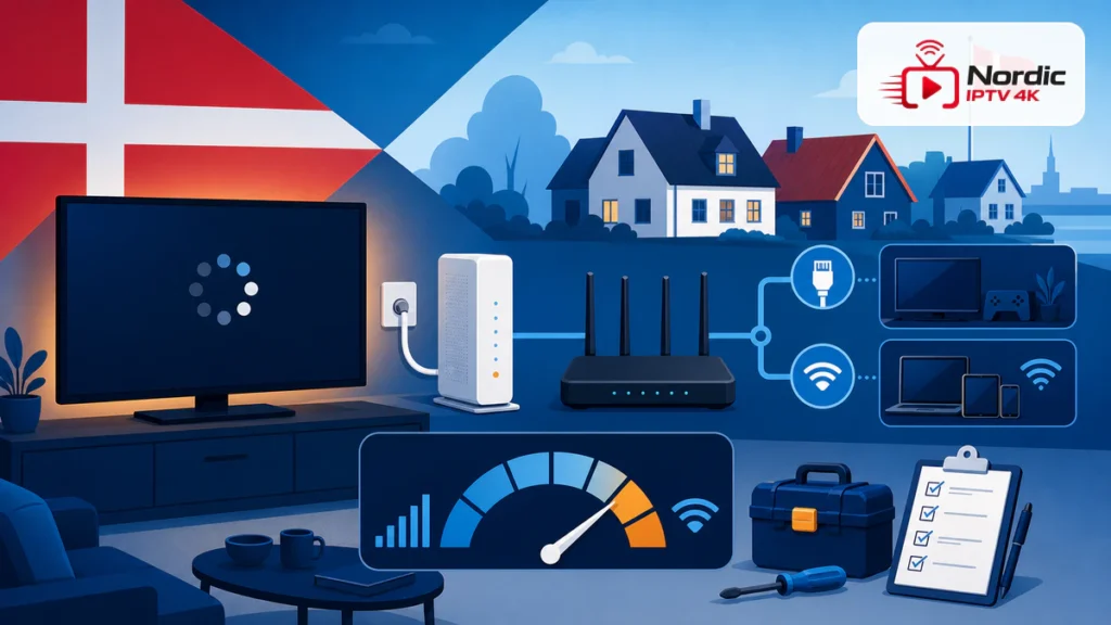 IPTV buffer Stofa og Norlys med tv, gateway, router, Ethernet, Wi-Fi, måler, værktøj og Nordic IPTV 4K logo