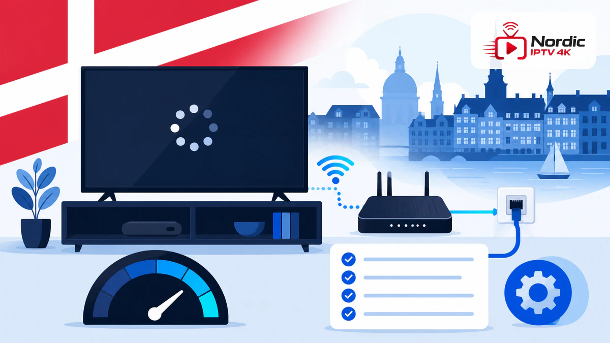 IPTV buffer YouSee fejlsøgning med tv, router, Ethernet, hastighedsmåler, checklist og Nordic IPTV 4K logo
