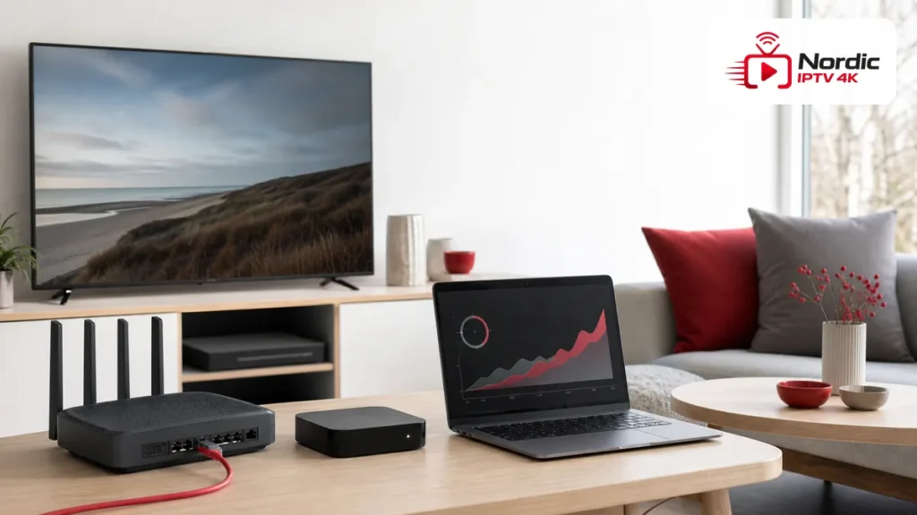 IPTV netværk optimering med router, netværkskabel, tv og IPTV Nordic logo