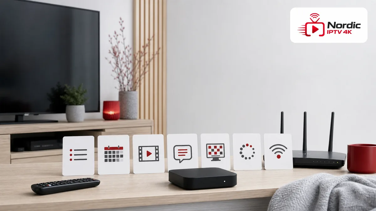 IPTV ordbog med tv, kort med begreber og IPTV Nordic logo