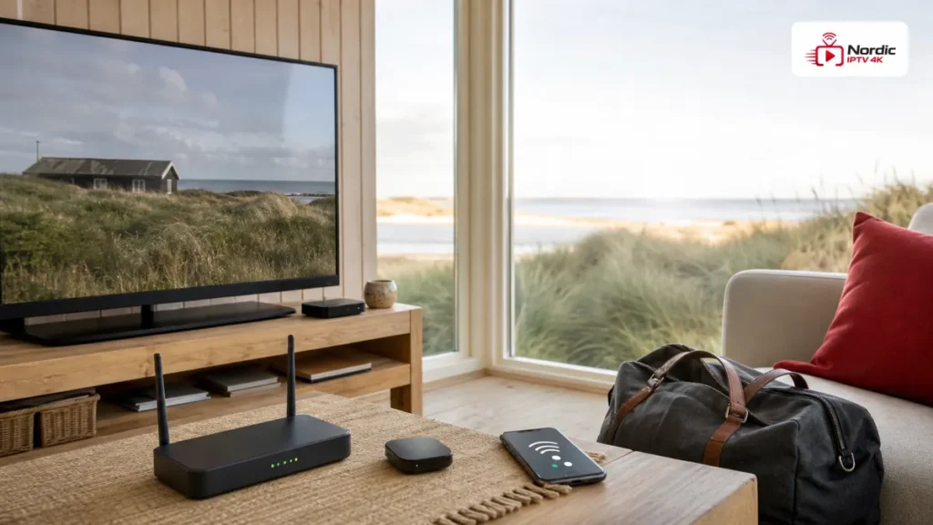 IPTV på ferie i dansk sommerhus med tv, streamingboks, router, telefon, rejsetaske og IPTV Nordic logo