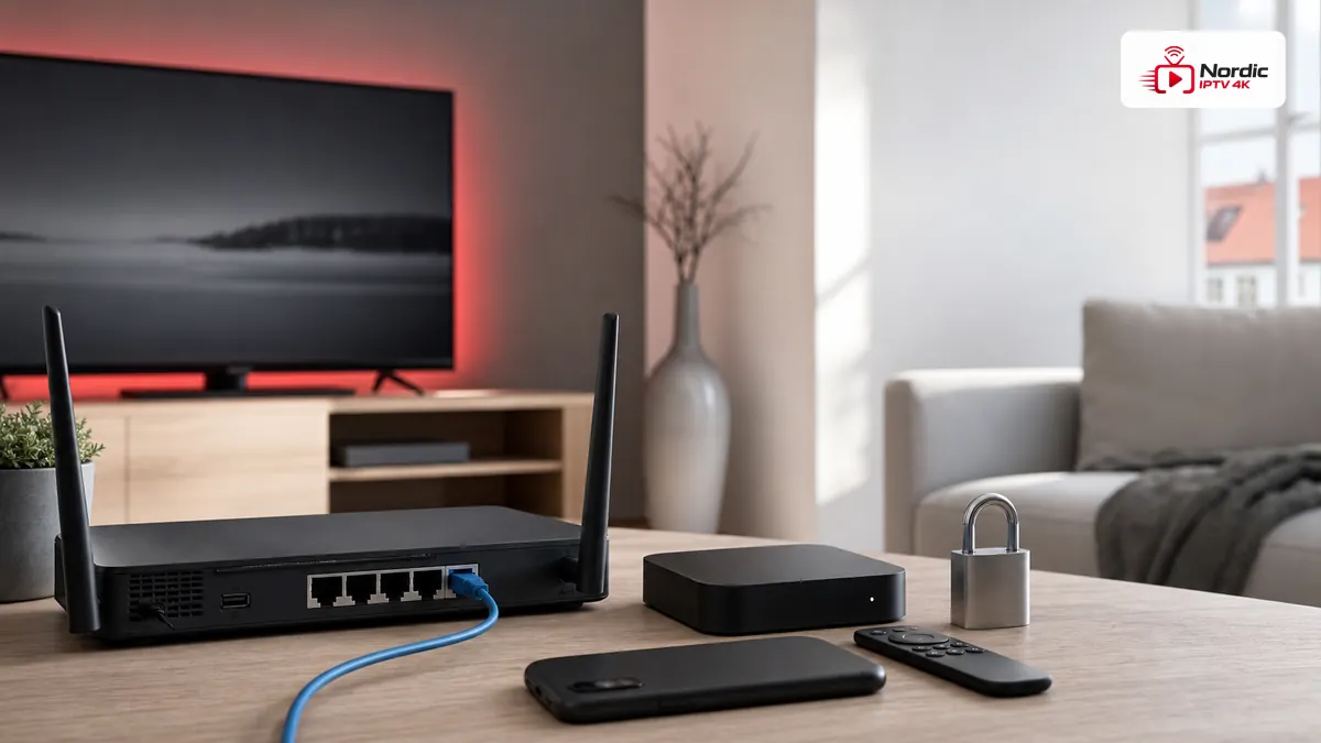 IPTV sikkerhed og privatliv med router, streamingboks, telefon, hængelås og IPTV Nordic logo